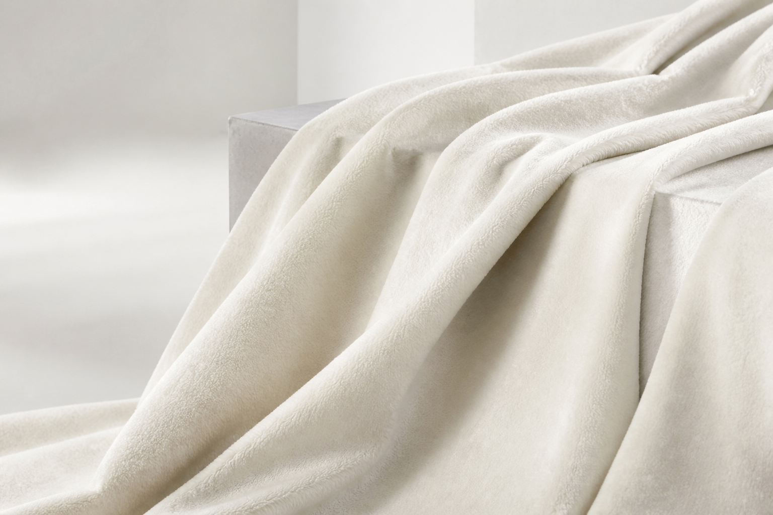 Ivory velvet draped over a platinum gray plinth, revealing a fine pile and soft luster