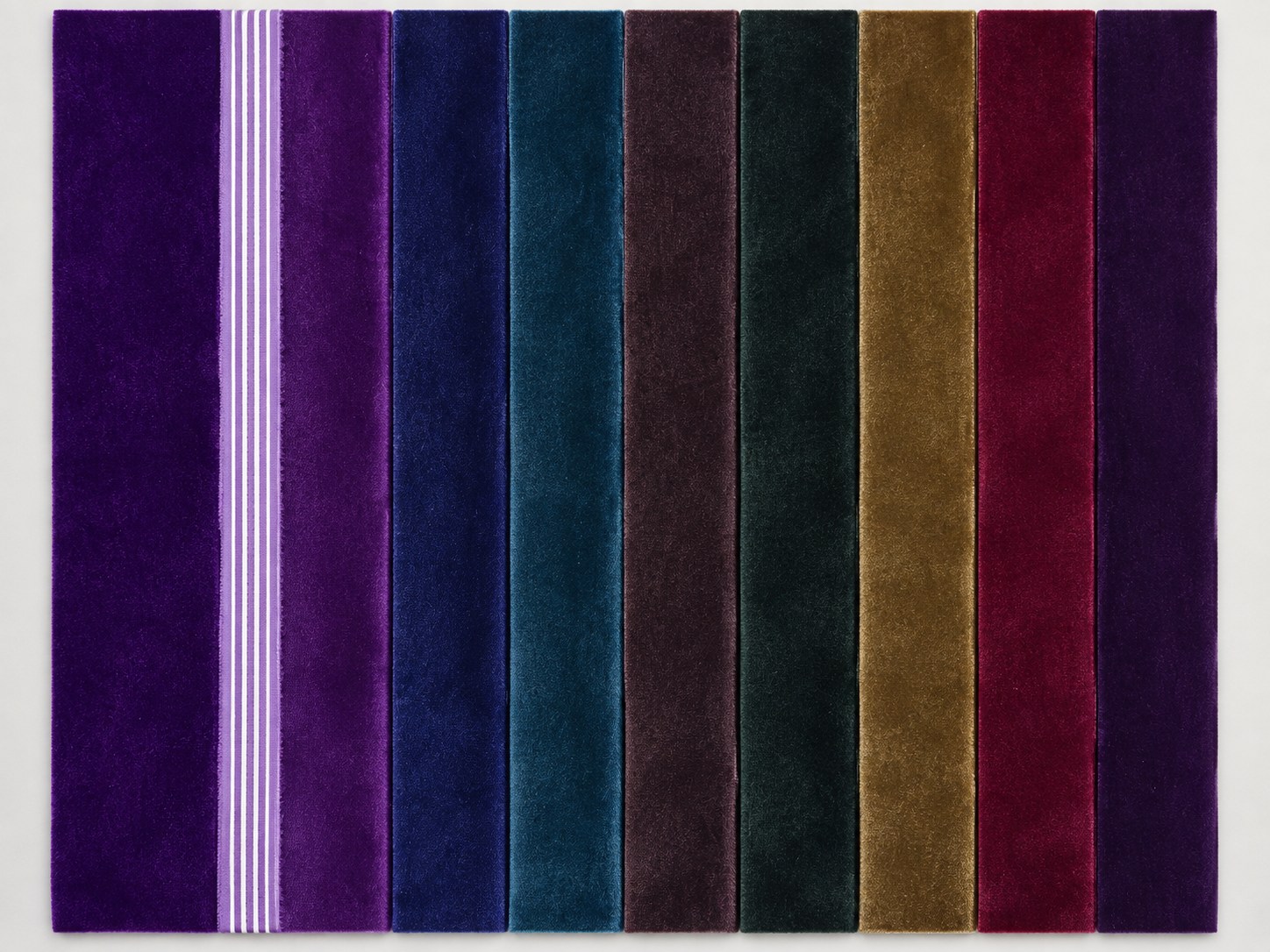 A coordinated range of solid-dyed velvet color samples with an even, lustrous pile